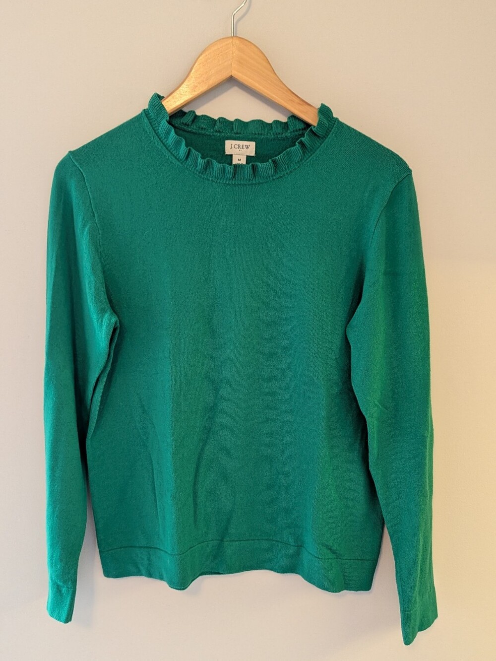 J.Crew Factory Cotton Ruffleneck Sweater Teal Emerald Green Size M